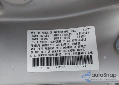 2013 Honda Accord Ex из США, поврежденный, VIN 1HGCR2F76DA086600